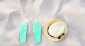 Summer accessories on beach texture banner background. Flip flops and hat on sand top view. Slippers shoes and vacation holiday Royalty Free Stock Photo