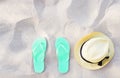 Summer accessories on beach texture banner background. Flip flops and hat on sand top view. Slippers shoes and vacation holiday Royalty Free Stock Photo