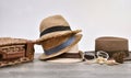 Summer accessories and fashion, Set of straw hats, Different type.