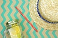 Summer accessories, Fresh summer drink and straw hat, Infused water.
