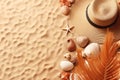 Summer accessories hat, shells, starfish in the sand. Flatly, copy cpace. Generative AI Royalty Free Stock Photo