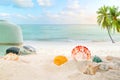 Summer accessories on sandy in seaside summer beach Royalty Free Stock Photo