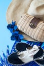 Summer accessories, shoes and hat with bag on blue background Royalty Free Stock Photo