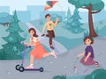 Summer activities. Cute kids playing outdoor. Boys with flying kite and scooter and girls with colored chalkon, soap