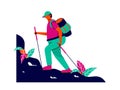 Hiker with his backpack and walking sticks hiking on mountain Royalty Free Stock Photo