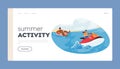 Summer Activity Landing Page Template. Man Character Riding Water Tube, Soaring Over Waves, Feeling Rush Of Wind Royalty Free Stock Photo