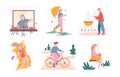 Summer activity. Man and woman characters cycling, walking, reading book, enjoy summer bbq. Vector illustration set of