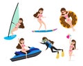 Summer activity woman characters vector set.  Female character in summer water sport adventure like jet skiing, surfing. Royalty Free Stock Photo