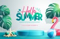Summer ads vector background design. Hello summer greeting text with studio backdrop elements Royalty Free Stock Photo