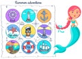 Summer adventure banner with mermaid next to advertisement with nautical icons, ocean journey