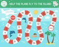 Summer adventure board game for children with airplane, palm trees, dolphins. Educational tropical isle boardgame. Help the plane