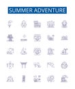 Summer adventure line icons signs set. Design collection of Vacation, Trekking, Camping, Hiking, Swimming, River rafting