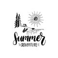 Summer adventure poster with lettering. Vector touristic label with hand drawn forest lake illustration. Camp emblem.