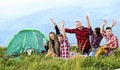 Summer adventures. Group friends relaxing picnic in mountains. Friends enjoy vacation. Pleasant hike picnic. People Royalty Free Stock Photo