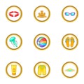 Summer adventures icons set, cartoon style