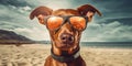 Summer Adventures Playful Doberman Pinscher Dog in Sunglasses with a Funny Expression at the Beach. Generative AI