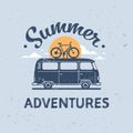 Summer Adventures Surf Bus Bike Retro Surfing Vintage Greeting Card With Lettering Template Poster Flat