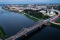 Summer aerial view of Tver on Volga river at dusk