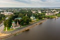 Summer aerial view of Uglich overlooking Kremlin Cathedrals on bank of Volga