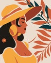 Summer African woman portrait tropical leaves contemporary art hand drawn paint poster vector flat illustration