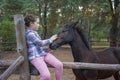 In the summer afternoon at the farm a girl sits on a fence and feeds a foal