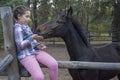 In the summer afternoon at the farm a girl sits on a fence and feeds a foal