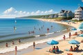 Summer Afternoon at a Lively Beach, Ocean Waves Softly Crashing on the Shore, Children Building Sandcastles Royalty Free Stock Photo