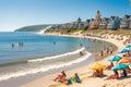 Summer Afternoon at a Lively Beach, Ocean Waves Softly Crashing on the Shore, Children Building Sandcastles Royalty Free Stock Photo