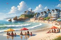 Summer Afternoon at a Lively Beach, Ocean Waves Softly Crashing on the Shore, Children Building Sandcastles