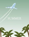 Summer airplane poster vector illustration. Vacation and tourism concept. Plane flies over palm trees. Aircraft above Royalty Free Stock Photo