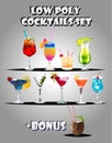 Summer alcohol cocktails drinks polygonal icons set with coconut. Glass isolated vector illustration. Low poly