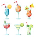 Summer alcohol drinks. Tropical cocktails in glass with citrus slices, mint leaves, ice cubes and straws. Exotic fresh