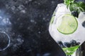 Summer alcoholic cocktail blueberry mojito with rum, mint, lime Royalty Free Stock Photo