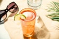 Summer alcoholic cocktails in colorful glasses on beach with white sand. Summer sea ocean vacation and travel concept Royalty Free Stock Photo