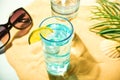 Summer alcoholic cocktails in colorful glasses on beach with white sand. Summer sea ocean vacation and travel concept Royalty Free Stock Photo