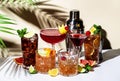 Summer alcoholic cocktails: rum cola, long island ice tea, manhattan, cosmopolitan, old fashioned - trendy popular drinks for Royalty Free Stock Photo