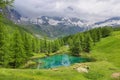 Summer alpine landscape on the Blue Lake Lago Blu near Breuil-Cervinia, Aosta Valley, Italy Royalty Free Stock Photo