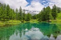 Summer alpine landscape on the Blue Lake Lago Blu near Breuil-Cervinia, Aosta Valley, Italy Royalty Free Stock Photo