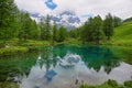 Summer alpine landscape on the Blue Lake Lago Blu near Breuil-Cervinia, Aosta Valley, Italy Royalty Free Stock Photo