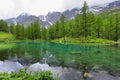 Summer alpine landscape on the Blue Lake Lago Blu near Breuil-Cervinia, Aosta Valley, Italy Royalty Free Stock Photo
