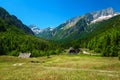 Summer alpine landscape with rural houses in Trenta valley, Slovenia