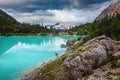 Summer alpine landscape with turquoise glacier lake, Sorapis, Dolomites, Italy