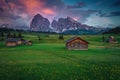 Summer alpine landscape with yellow globeflowers on the fields, Dolomites