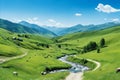 Summer Alpine Valley. Scenic View with Clear Sky, Vibrant Green Grass, and Majestic Mountains Royalty Free Stock Photo