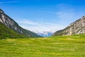 Summer in the Alps. Blooming alpine meadow and lush green woodland set amid high altitude mountain range. Royalty Free Stock Photo