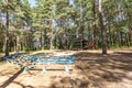 Summer amphitheater in the pinery forest with colored benches