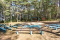 Summer amphitheater in the pinery forest with colored benches