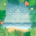 Summer and anchor. Vector summer illustration hand lettering. The leaves of palm trees and tropical flowers on a background of the Royalty Free Stock Photo