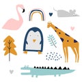 Summer animal set elements. Safari character with scandinavian childish drawing, vector illustration colorful hand drawn. Flamingo Royalty Free Stock Photo