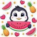 Cute cartoon penguin holding a watermelon. Royalty Free Stock Photo